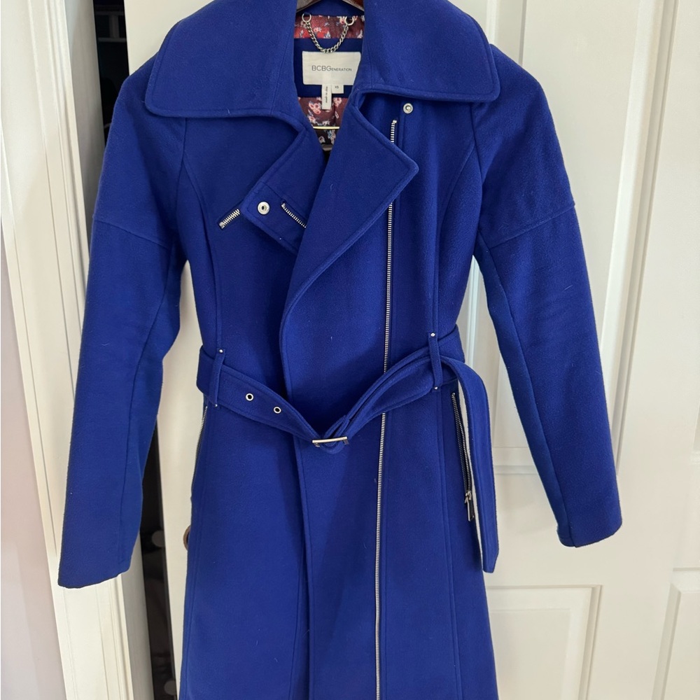 BCBGeneration Blue Trench Coat with Asymmetrical Zipper